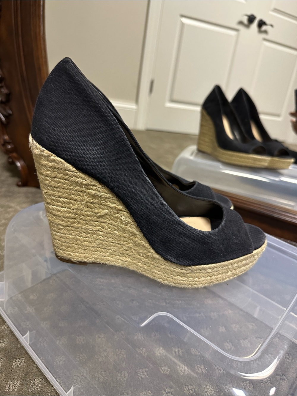 Vince Camuto Black Espadrille Peep-Toe Wedge